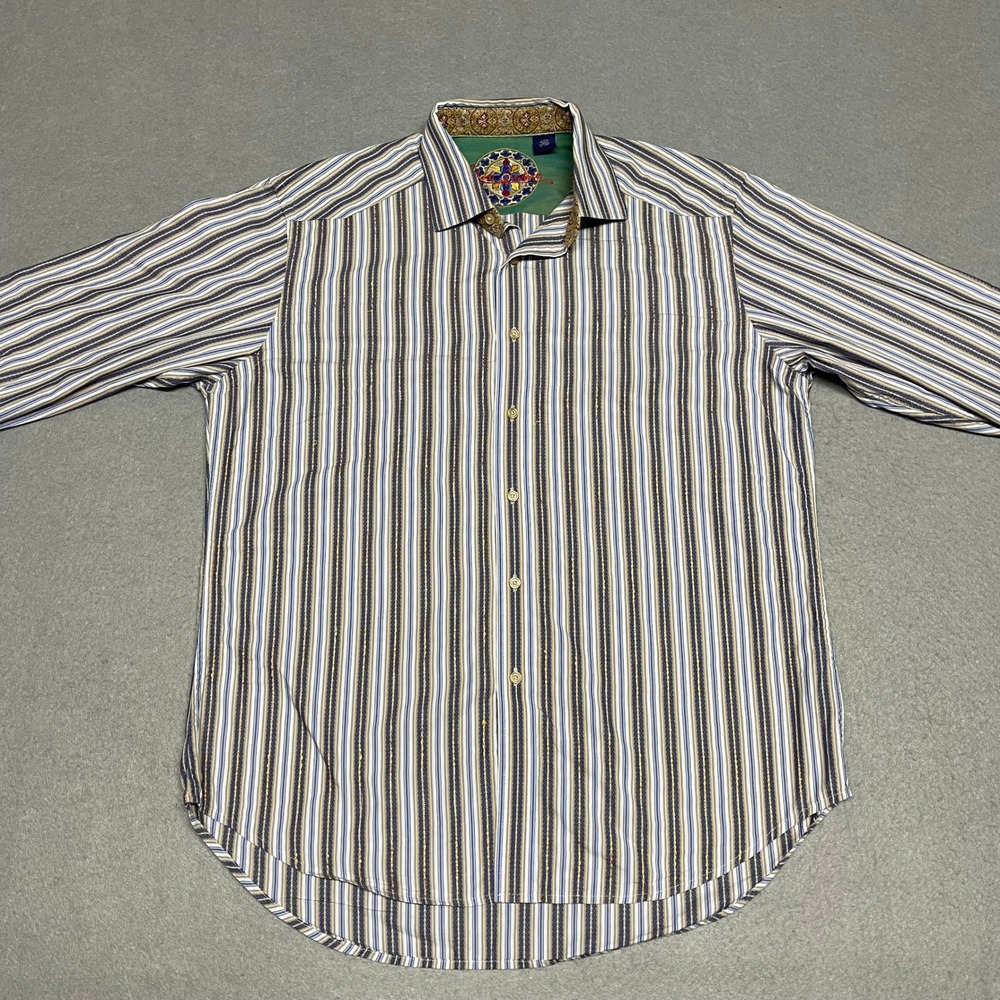 Robert Graham Shirt Mens Large Gray Striped Metallic Gold Embroidery Button Down - Picture 2 of 11